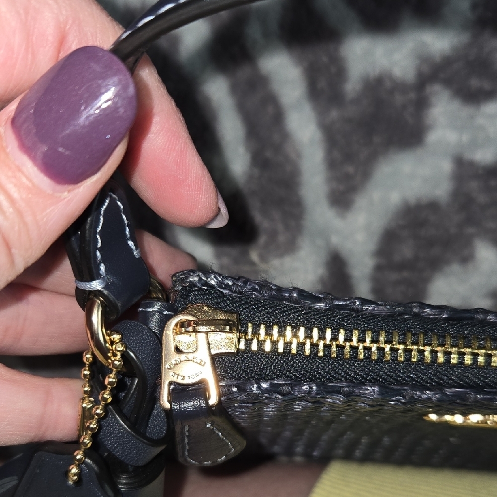 Coach Dark Navy Blue Woven Leather Mini Wristlet with Gold Hardware - Picture 12 of 13